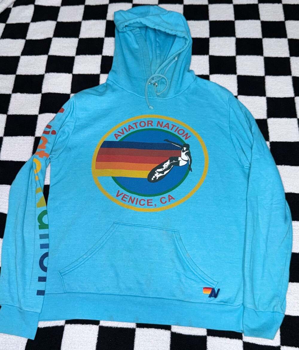 Aviator Nation Venice CA Surfer Pullover Hoodie Neon Blue Size L